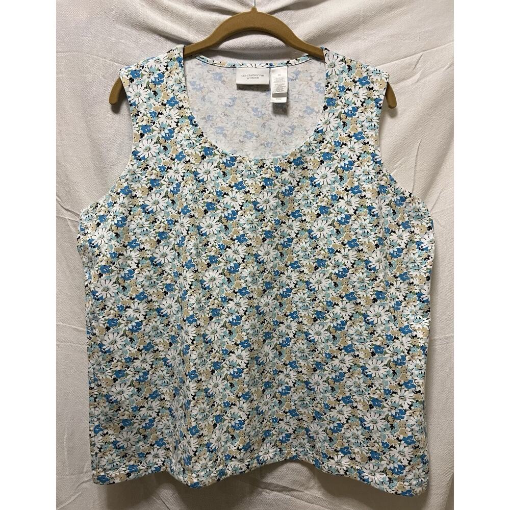 Liz Claiborne Woman 2X Sleeveless Casual Tank Top Blue Floral Cotton Spandex